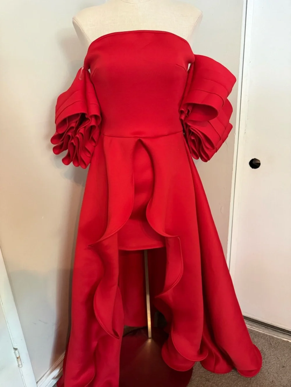 Off-Shoulder Red High-Low Ruffle Formal Dress - Picture 2 of 13